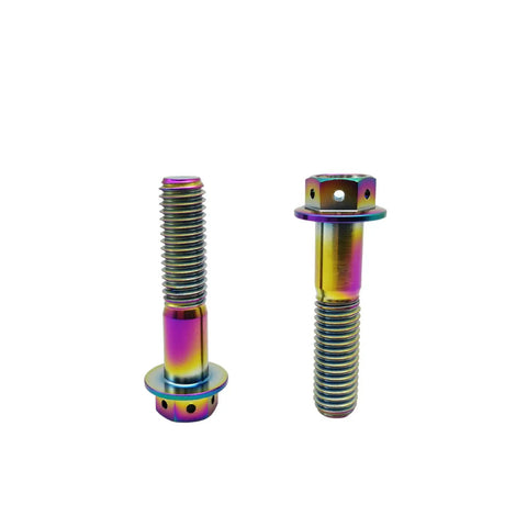 Heavy Duty Aviation Grade Titanium Hex Head Bolts With Dripping Rainbow Pvd Coating M10x1.25x65mm showing two bolts with flanges.