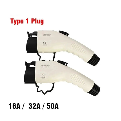 Top Shelf 50A SAE J1772 Plug Built For Hassle Free Level 2 Electric Car Charging Station Hookups With Heavy Duty Weather Sealed Type 1 No Cable Adaptor, showing Type 1 EV plugs.