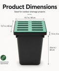 Rugged Heavy Duty Catch Basin With Grate And Debris Basket For Outdoor Drainage System, shown with dimensions