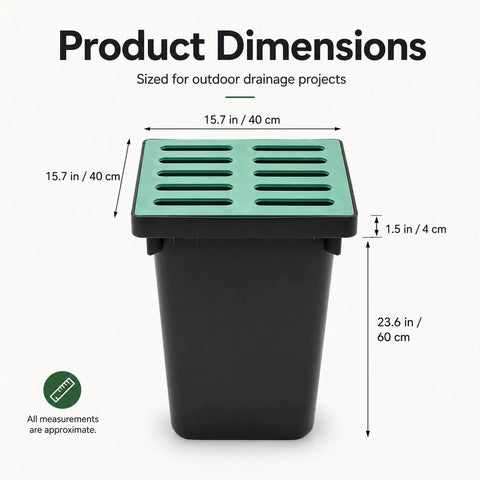 Rugged Heavy Duty Catch Basin With Grate And Debris Basket For Outdoor Drainage System, shown with dimensions