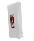 Twenty Pack White Surface Mounted Fire Extinguisher Cabinet Outdoor Weatherproof Locking Storage Box For 5 Lb Portable Units side view with fire extinguisher graphic