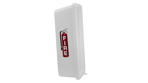 Twenty Pack White Surface Mounted Fire Extinguisher Cabinet Outdoor Weatherproof Locking Storage Box For 5 Lb Portable Units side view with fire extinguisher graphic