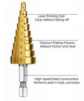Pro Grade High Speed Steel Titanium Step Drill Bit Set With Quick Change Quarter Inch Hex Shank Short Length For Hole Drilling 4 To 12 mm