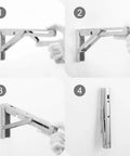Step-by-step images of Heavy Duty Stainless Steel Shelf Brackets 2 Pack Bright Silver Folding Wall Mounts folding and mounting.