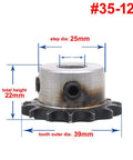 Front view of 35 Chain Drive Sprocket Wheel With Twelve Teeth For 35H Roller Chain showing dimensions and set screw on A3 steel