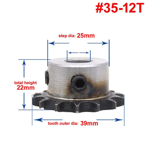 Front view of 35 Chain Drive Sprocket Wheel With Twelve Teeth For 35H Roller Chain showing dimensions and set screw on A3 steel