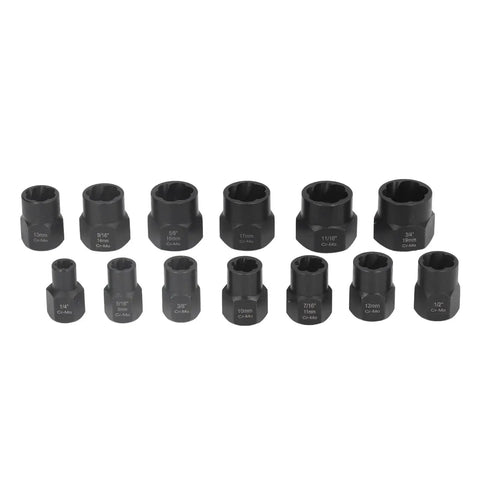 Rock Solid 13 Piece Nut Extractor Set With 3/8in Driver, High Density Chrome Molybdenum Steel Lug Remover Tool Kit For Stripped Rusted Bolts And Damaged Hex Screws That Actually Grip Tight, black Cr-Mo sockets