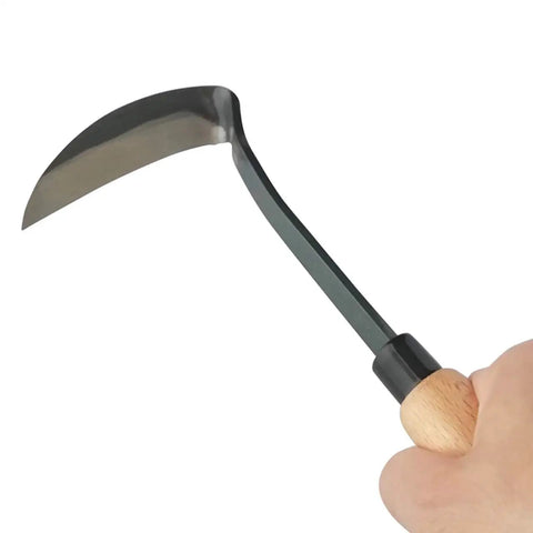 Japanese Nejiri Kama Weeding Sickle For Gardeners, Boss Sharp Steel Blade Weeder Tool with wooden handle shown in hand
