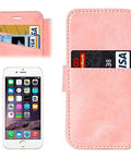 Pink leather phone case with card slots, shown with inserted credit cards, next to an iPhone with home screen displayed.
