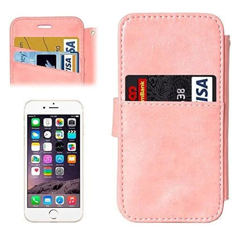 Pink leather phone case with card slots, shown with inserted credit cards, next to an iPhone with home screen displayed.