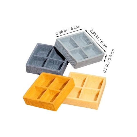 Four Grid Miniature Resin Storage Box Set for Dollhouses in assorted colors with dimensions