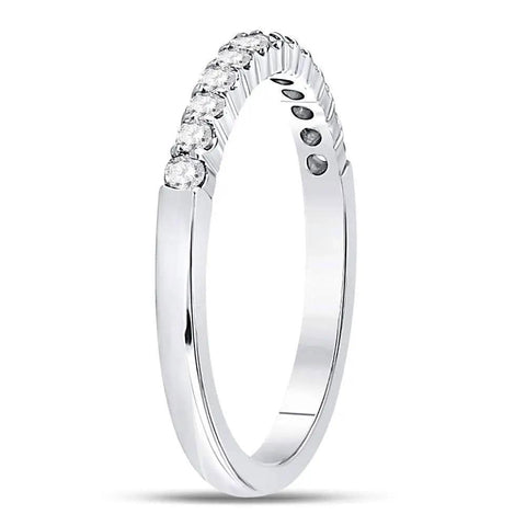 Premium 14K White Gold Round Cut Diamond Wedding Band Ring For Women Quarter Cttw Machine Set Classic Eternity Style Size Eight side view showing polished finish and round cut diamonds.