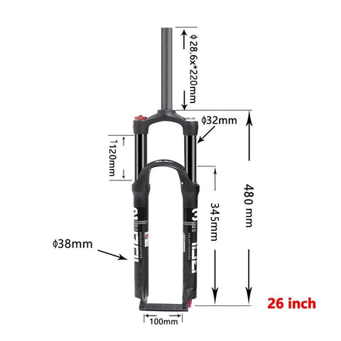 Trail Ready Suspension Fork For Mountain Bikes 26 Inch 27.5 Inch And 29 Inch Wheels, measurements and pneumatic shock