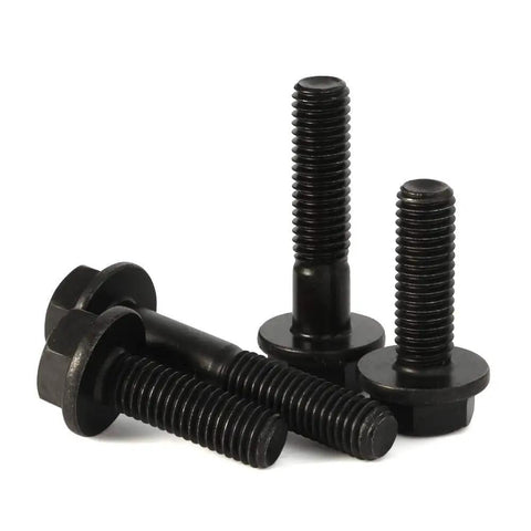Top Tier M6x30mm Flanged Hex Bolt Set, Class 10.9 Alloy Steel Construction, Black Oxide Anti Rust Finish, 20 Piece Pack Of Tough As Nails Metric Hardware For Shop Projects, showing multiple black flanged hex bolts.