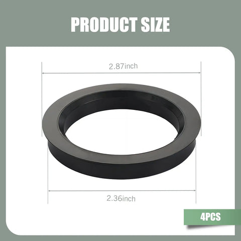 Heavy Duty Hub Centric Rings 2.87 Inch OD 2.36 Inch ID clearly displayed with dimensions for small passenger cars in black.
