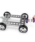 Seventeen Magnet Set for Kids With Electromagnet and Basic Circuit Tools, metal vehicle frame and wheels with magnets shown.