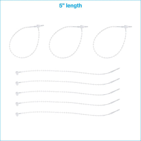 Heavy Duty Five Inch Clear Adjustable Loop Ties One Thousand Bulk Pack With Beaded Lock Pins For Storefront Hardware and Sign Mounting Hella Tough Plastic Cables displayed in various angles.
