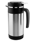 Road Ready Setup 1000 Milliliter Stainless Steel 12 Volt Car Kettle with a black handle and tight sealed lid.