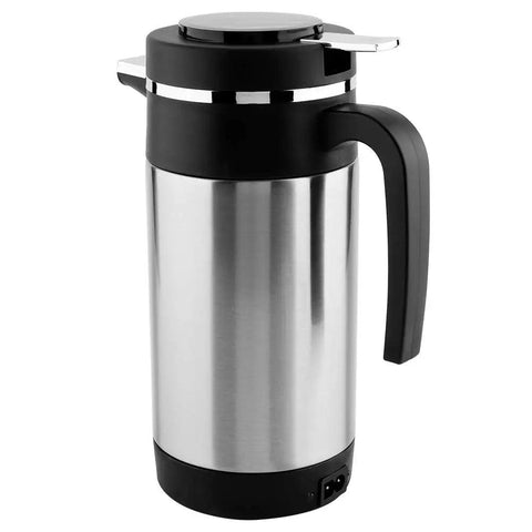 Road Ready Setup 1000 Milliliter Stainless Steel 12 Volt Car Kettle with a black handle and tight sealed lid.