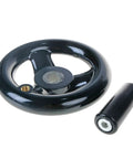 3.94 Inch Hand Wheel With Revolving Handle For Milling Machines, Black 3 Spoked Round Handwheel, 12mm Bore, shown with handle