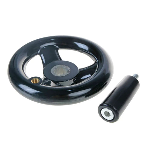 3.94 Inch Hand Wheel With Revolving Handle For Milling Machines, Black 3 Spoked Round Handwheel, 12mm Bore, shown with handle