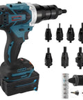 Built Tough Heavy Duty Cordless Electric Rivet Gun With 26V Rechargeable Battery And 5200 Mah Pack showing various sizes of rivet nuts.