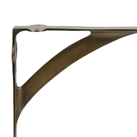 Close-up of a single heavy duty brass L-shaped shelf bracket, part of a set of 2, for 8 10 12 inch shelves, gold finish.