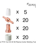 Top Tier Plasma Cutter Consumables Kit With Heavy Duty Nozzle Shields And Long Lasting Electrodes For LG40 Torch Cutting Machines. 65-piece set with various components.