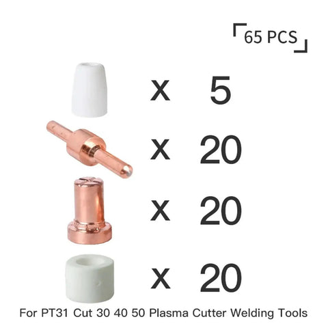 Top Tier Plasma Cutter Consumables Kit With Heavy Duty Nozzle Shields And Long Lasting Electrodes For LG40 Torch Cutting Machines. 65-piece set with various components.