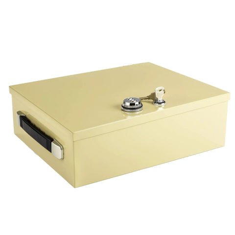 Heavy Duty Fire Resistant Lockbox With Dual Lock System Key And 3 Digit Combination, Steel Security Chest, Beige, Side View