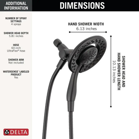 Dimensions of the 4-Setting In2ition 2-in-1 Dual Shower Head With Handheld Spray, Matte Black Detachable Shower Head And Hose