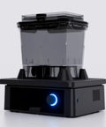 High Octane Oscillating Resin Print Washer For 3D Models Featuring Total No Sweat Four Minute Clean Cycle and Solid Performance With Top Shelf Solvent Bath Soak Station, side view showcasing transparent container.