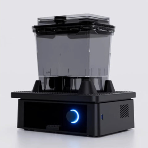 High Octane Oscillating Resin Print Washer For 3D Models Featuring Total No Sweat Four Minute Clean Cycle and Solid Performance With Top Shelf Solvent Bath Soak Station, side view showcasing transparent container.