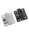 Front view of small white plastic hinge with mounting plate; beside a black hinge with adjustable damping