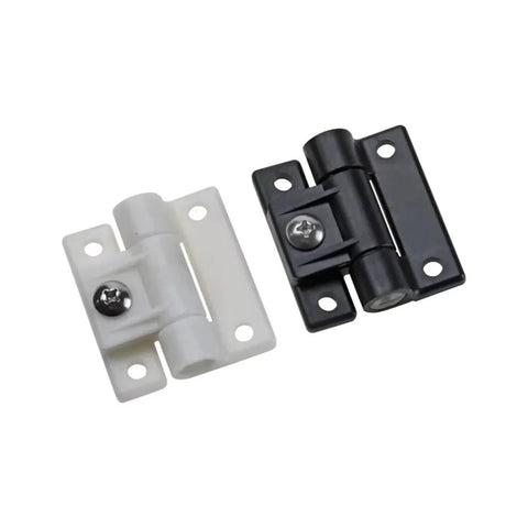 Front view of small white plastic hinge with mounting plate; beside a black hinge with adjustable damping
