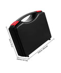 Go Anywhere Heavy Duty Plastic Tool Box Featuring Hella Spacious Compartments With Secure Snap Latches Plus Badass Job Site Organizer And Comfort Carry Handle, black with red accents, side view showing dimensions.