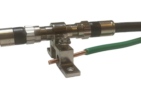 Antenna Grounding Kit With 10 AWG Solid Copper Wire 5ft And PPC Coax Ground Block, showing 10AWG wire and ground block connection