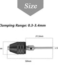 Two-Piece Keyless Mini Jaw Drill Chuck Collet Adapter for 0.3-3.4mm Bits with size measurements and shank details