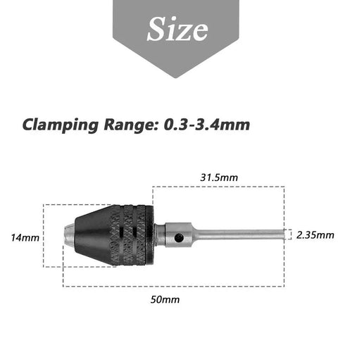 Two-Piece Keyless Mini Jaw Drill Chuck Collet Adapter for 0.3-3.4mm Bits with size measurements and shank details