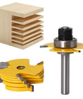 Built Tough One Quarter Inch Shank Slot Cutter Router Bit Set With Six Precision Groove Cutters And Teflon Coated Tungsten Carbide Blades For Flawless Woodworking And Dead Straight Cabinet Projects Every Maker Loves, shown with wooden block and yellow cutter bits.