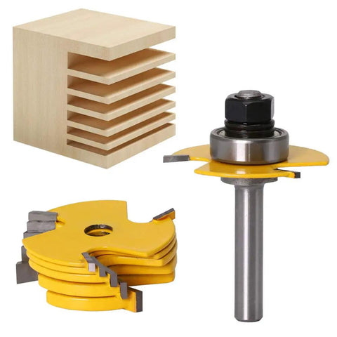 Built Tough One Quarter Inch Shank Slot Cutter Router Bit Set With Six Precision Groove Cutters And Teflon Coated Tungsten Carbide Blades For Flawless Woodworking And Dead Straight Cabinet Projects Every Maker Loves, shown with wooden block and yellow cutter bits.