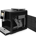 Kickstart Your Daily Java With This Slick Super Automatic Espresso Machine Featuring A Bpa Free Design Built In Grinder Responsive Touch Screen And Breeze To Clean Operation For Flawless Barista Level Shots In Matte Black side view of the espresso machine with an open service door