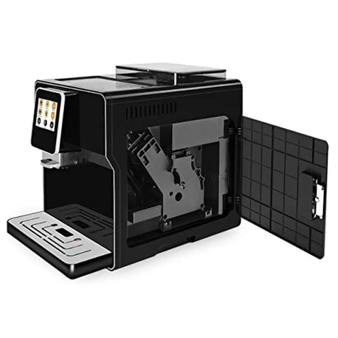 Kickstart Your Daily Java With This Slick Super Automatic Espresso Machine Featuring A Bpa Free Design Built In Grinder Responsive Touch Screen And Breeze To Clean Operation For Flawless Barista Level Shots In Matte Black side view of the espresso machine with an open service door