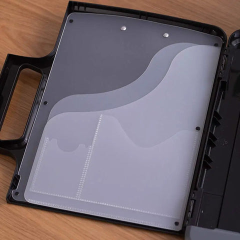 Everyday Carry Clipboard Organizer With Built In Calculator Water Resistant Document Case And Portable Writing Pad Holder For School And Office The 300 Sheet Capacity Organizer For Meetings, black plastic clipboard case open