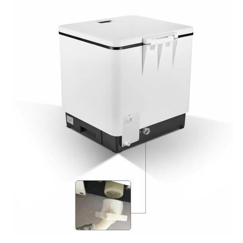 Compact Countertop Dishwasher Featuring One Touch Start Hot Water Wash And UV Dry Cycle For Slick Kitchens Plus Smooth Glide Rack Hassle-Free Tabletop Cleaner - rear view showing connection ports.