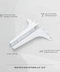 White Stainless Steel Shelf Bracket For Wall Mounted Floating Shelves Heavy Duty Display Support with size options shown