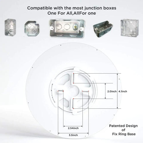 Backside view of Low Profile 12 Inch LED Flush Mount Ceiling Light, compatible with multiple junction boxes, patent fix base.