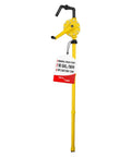 Heavy Duty No Sweat Manual Drum Pump Featuring Chemical Resistant Rotary Crank Mechanism And Extended Forty Nine Inch Suction Tube For Effortless Barrel Draining No Electricity Needed Fits Standard Containers, yellow design with hand crank.