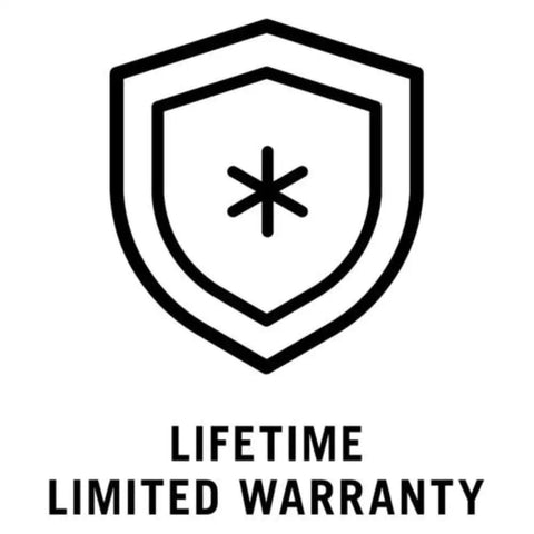 Black and white icon with a shield and asterisk symbol, text 'Lifetime Limited Warranty' below.