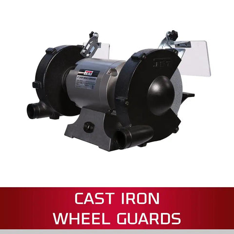 Eight Inch Bench Grinder With Wire Wheel And Knockout Reversible Bench Vise One Horsepower Shop Ready Combo showcasing cast iron wheel guards.